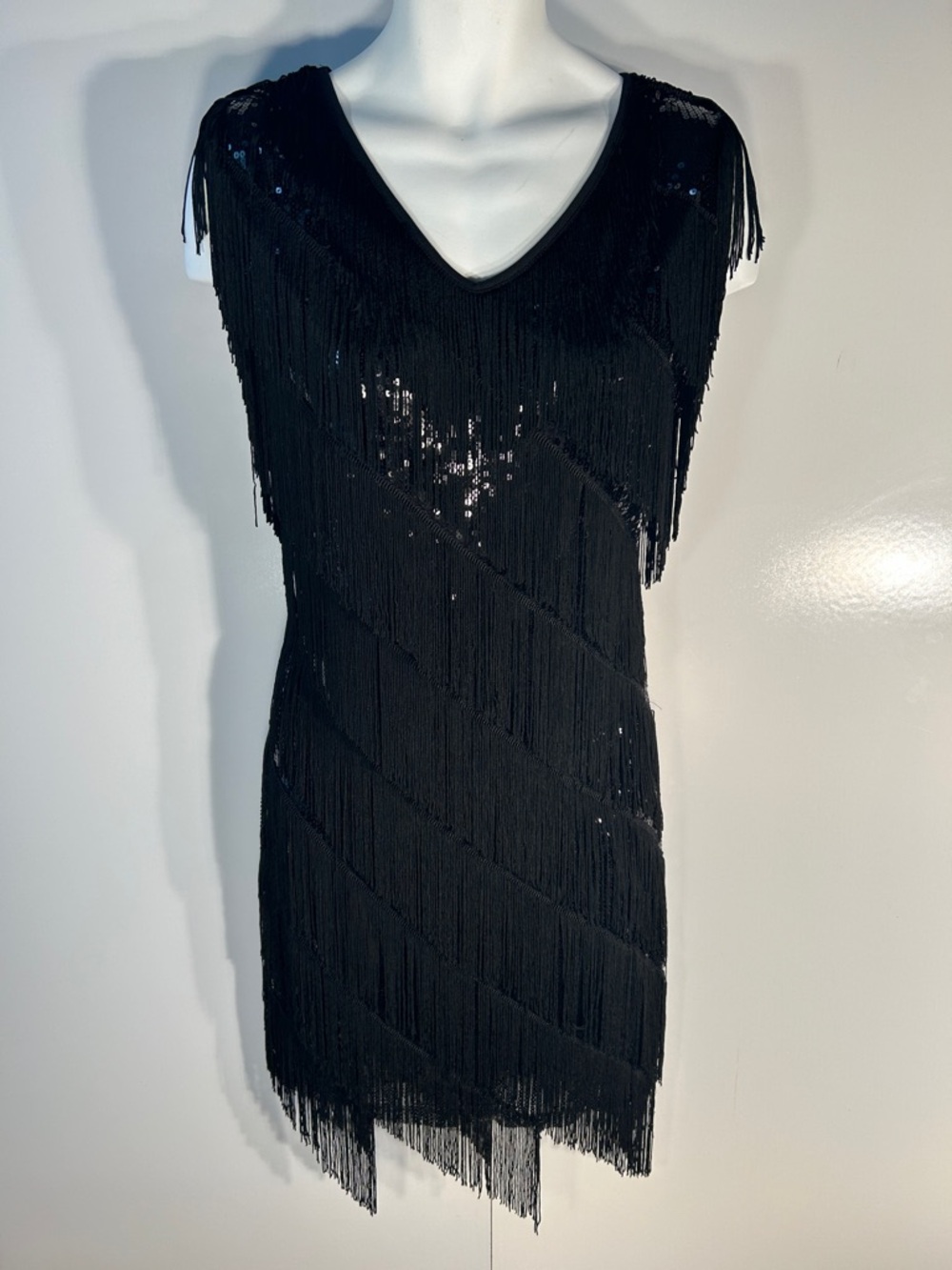 Pretty Guide NWT SZ L Black Fringe Sequin Dress Cocktail 20s Black Tie Sexy